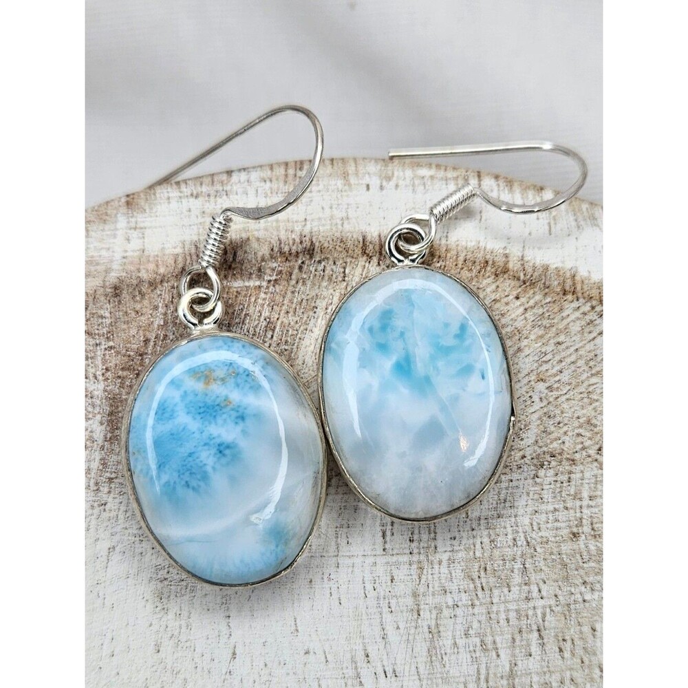 NWT Larimar Earrings 925 Sterling Silver Drop Dangle Oval Natural Gemstone Boho
